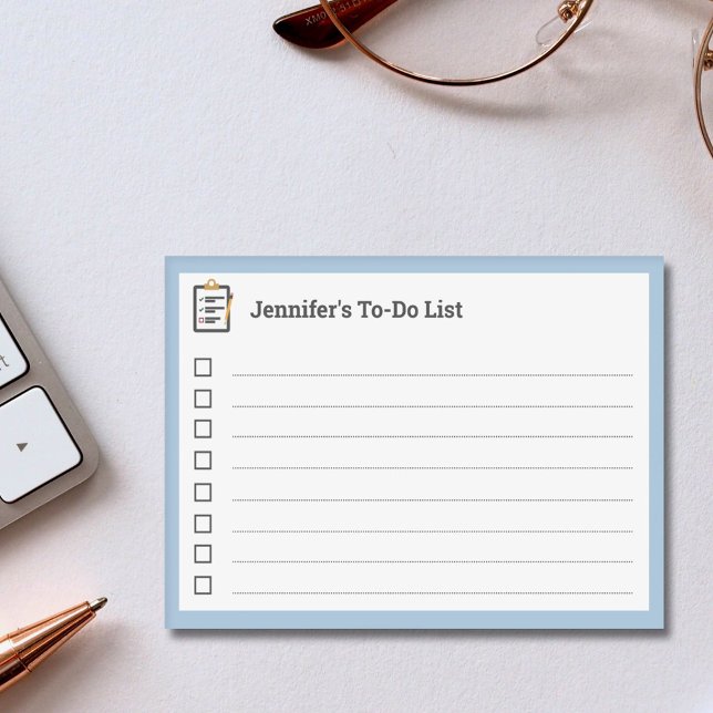 Blue To-Do-List mit Zwischenablage und Pen Post-it Klebezettel (Blue To-Do List with Clipboard and Pen Post-it Notes)