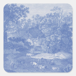 Blue Toil de Jouy French Country Shabby Elegance Quadratischer Aufkleber