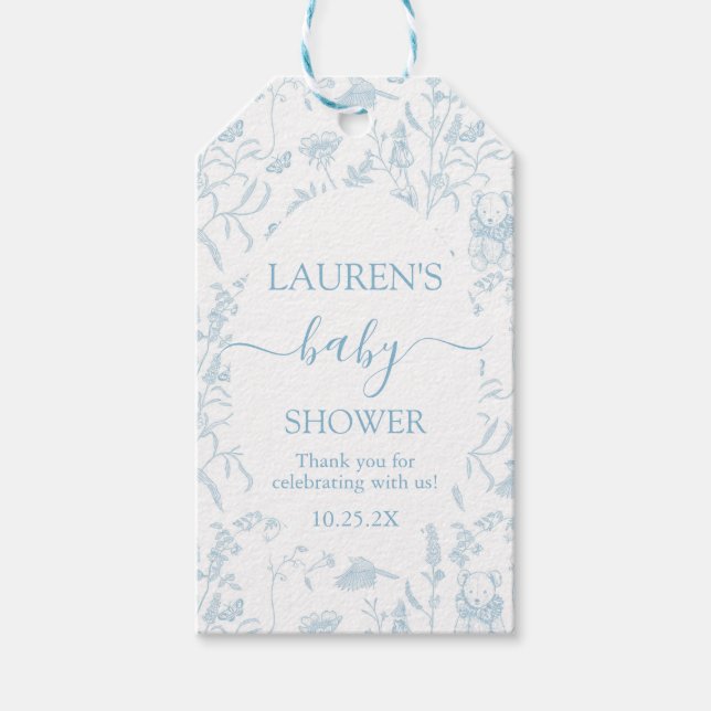 Blue Toile Bear Baby Dusche Boy Geschenkmarke Geschenkanhänger (Vorderseite)