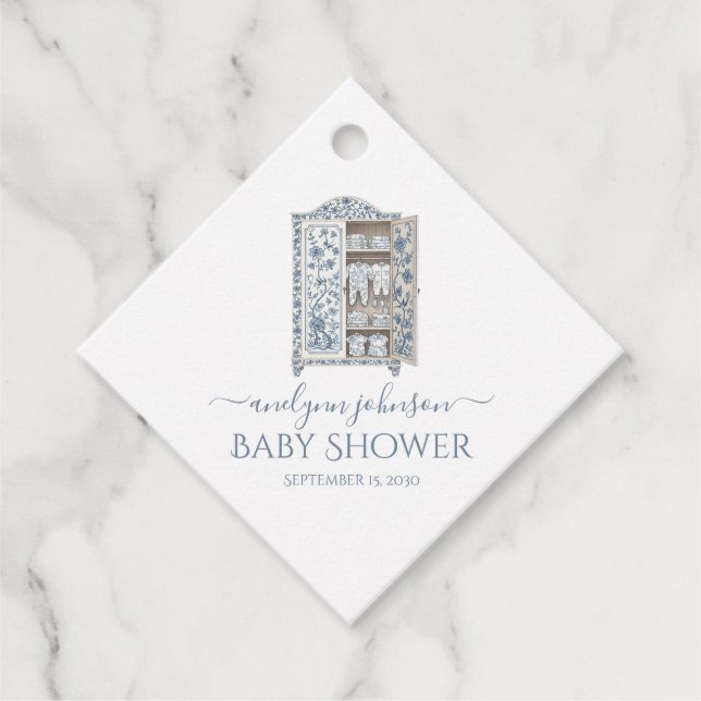 Blue Toile Botanical Wardrobe Baby Dusche Geschenkanhänger (Vorderseite)