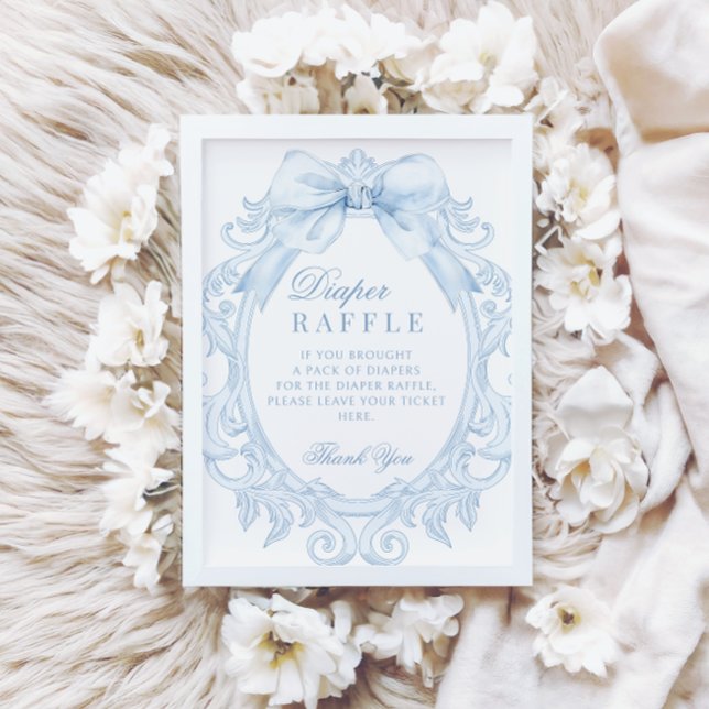 Blue Toile Bow Baby Boy Shower Diaper Raffle Sign Einladung (Von Creator hochgeladen)