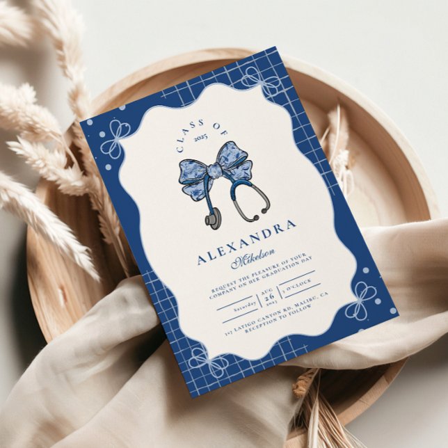 Blue Toile Bow Nurse School Grad Einladung (Von Creator hochgeladen)
