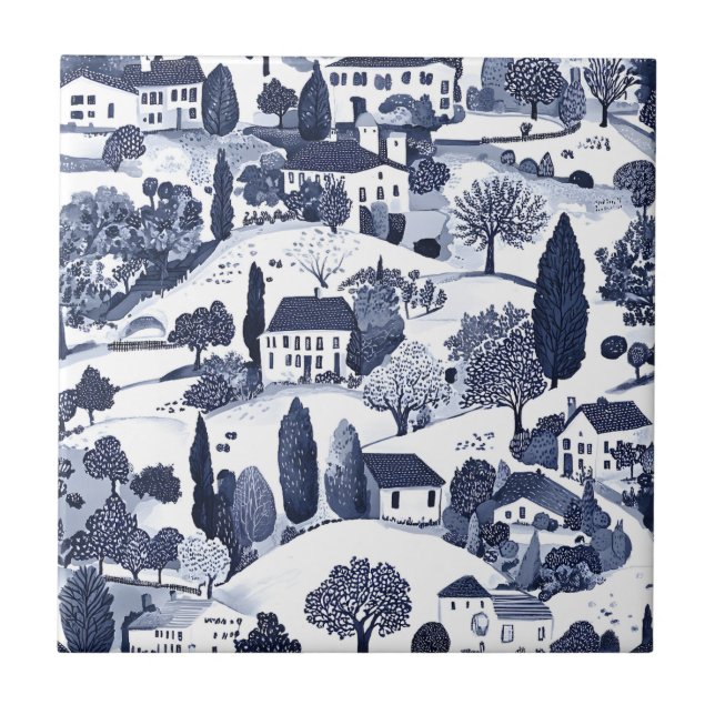 Blue Toile Countryside Scene (1) Fliese (Vorderseite)