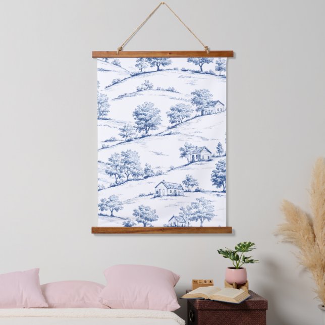 Blue Toile Countryside Scene (7) Wandteppich Mit Holzrahmen (Schlafzimmer)