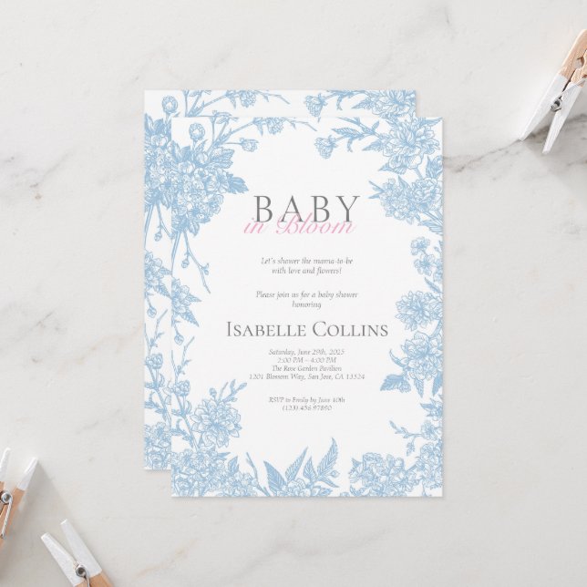 Blue Toile de Jouy Baby in Bloom Baby Shower Invit Einladung (Vorderseite/Rückseite Beispiel)