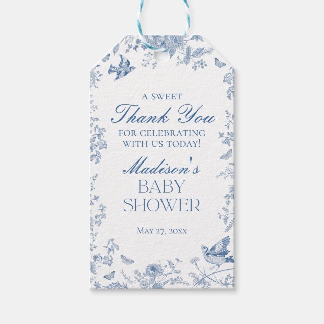 Blue Toile De Jouy Baby Shower Favoriten Geschenkanhänger (Vorderseite)