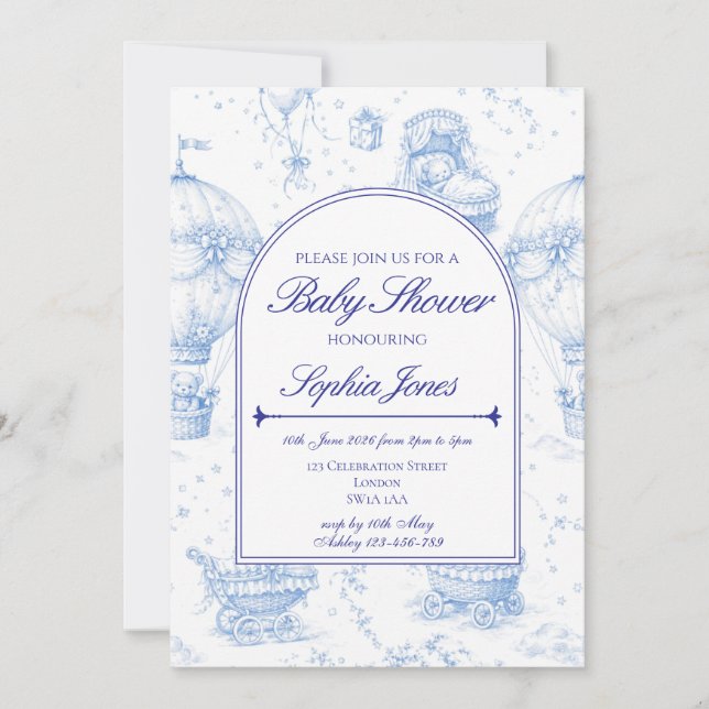 Blue Toile de Jouy Baby Shower Invitation Einladung (Vorderseite)