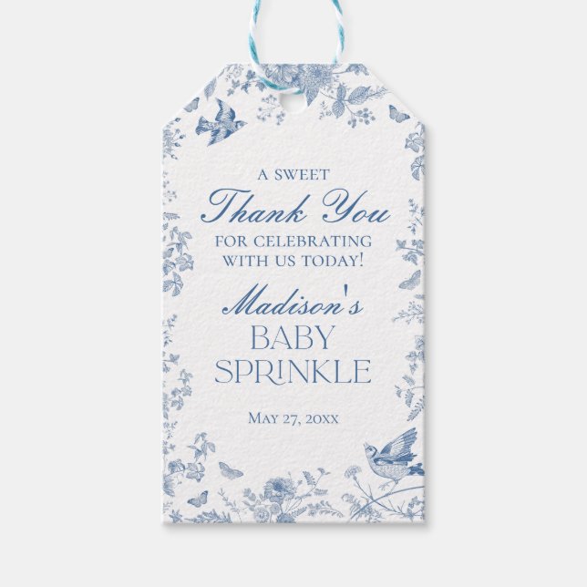 Blue Toile De Jouy Baby Sprinkle Favoriten Geschenkanhänger (Vorderseite)