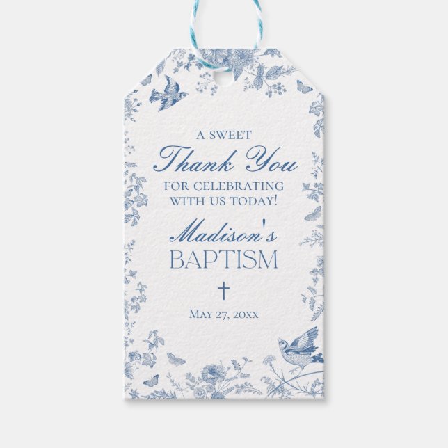 Blue Toile De Jouy Baptism Favoriten Geschenkanhänger (Vorderseite)