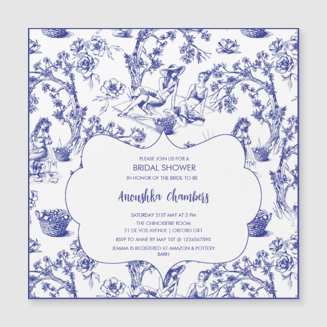 Blue Toile de Jouy Brautparty Magneteinladung (Vorderseite)