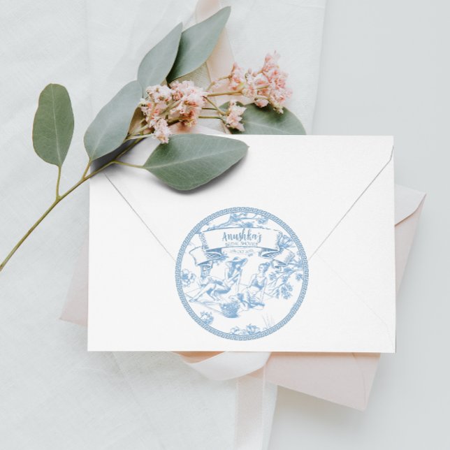 Blue Toile de Jouy Brautparty Runder Aufkleber (Von Creator hochgeladen)