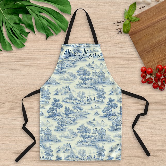 Blue Toile de Jouy Cooking & Baking Geschenk Küche Schürze (Elegant Apron in French Cottage Style Blue Toile de Jouy Pattern, Personalized Custom text or name )