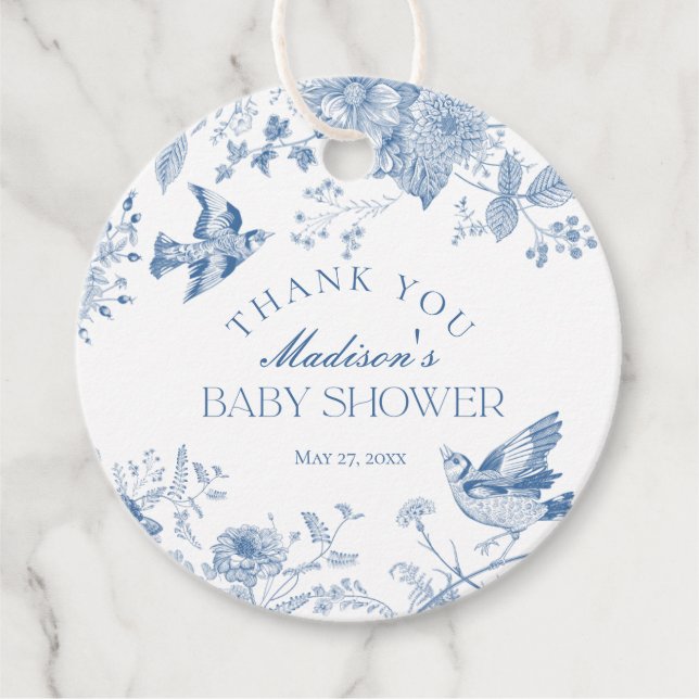 Blue Toile De Jouy Floral Baby Dusche Gefallen Geschenkanhänger (Vorderseite)
