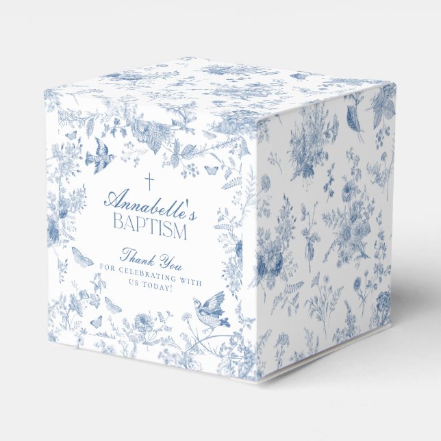 Blue Toile De Jouy Floral Taufe Gefälligkeitsboxen Geschenkschachtel (Rückseite)