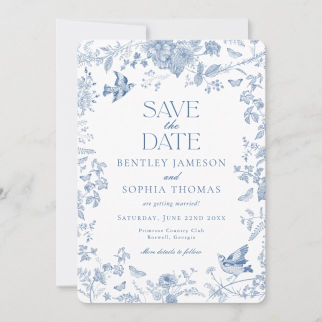 Blue Toile De Jouy French Floral Save the Date Einladung (Vorderseite)