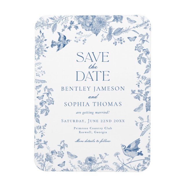 Blue Toile De Jouy French Floral Save the Date Magnet (Vertikal)