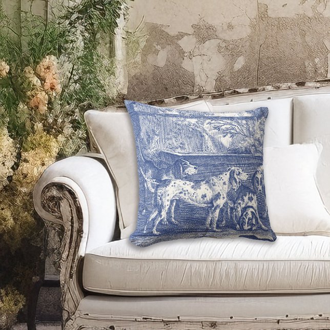 Blue Toile de Jouy Jagdhunde auf dem Land Kissen (Image approximates the 20 inch pillow size.)