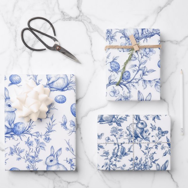 Blue Toile De Jouy Osterhase Geschenkpapier Set (Vorderseite)