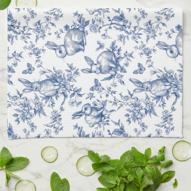 Blue Toile De Jouy Osterhase Geschirrtuch (Gefaltet)