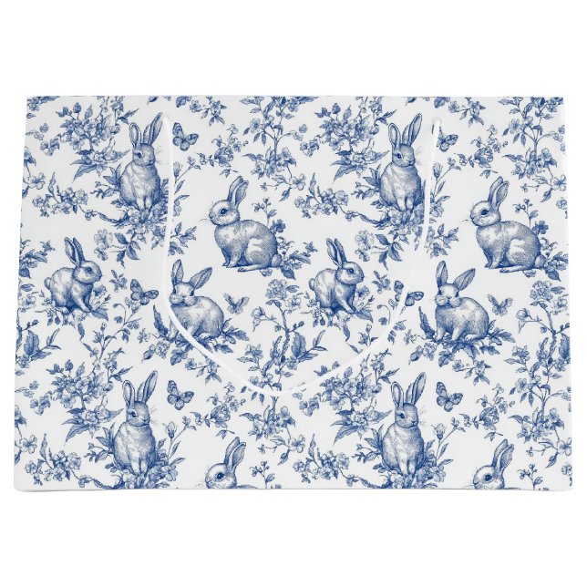 Blue Toile De Jouy Osterhase Große Geschenktüte (Vorderseite)
