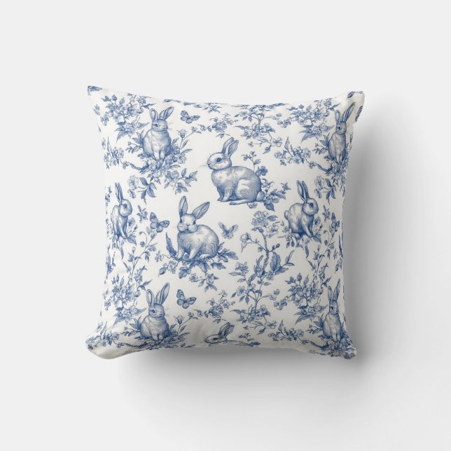 Blue Toile De Jouy Osterhase Kissen (Vorderseite)