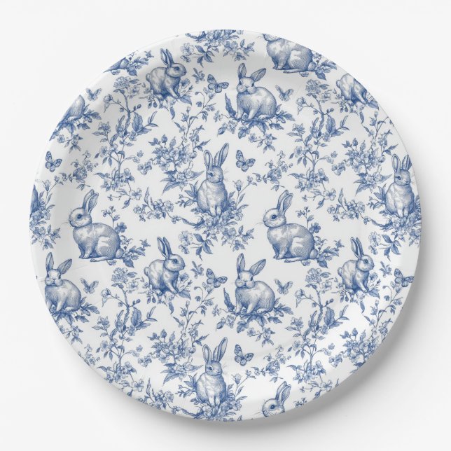 Blue Toile De Jouy Osterhase Pappteller (Vorderseite)