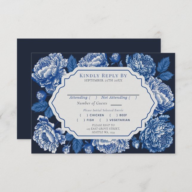 Blue Toile De Jouy Peony Wedding RSVP Begleitkarte (Vorne/Hinten)
