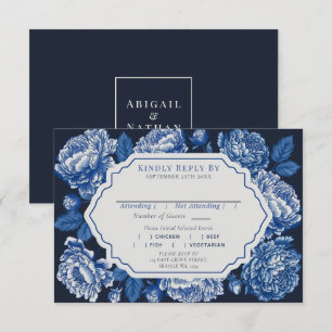Blue Toile De Jouy Peony Wedding RSVP Begleitkarte