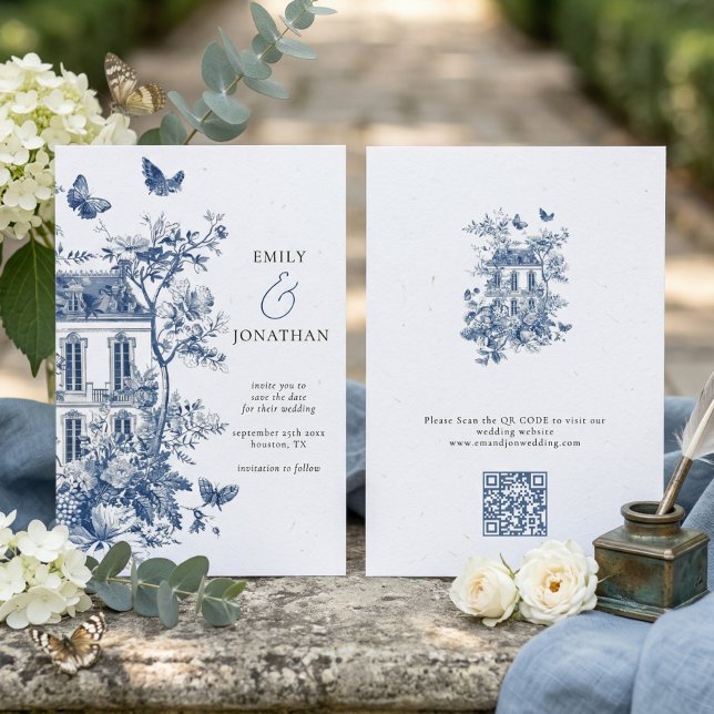 Blue Toile De Jouy QR Wedding Save the Date (Von Creator hochgeladen)