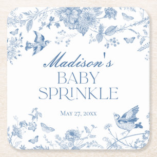 Blue Toile De Jouy Vintag Floral Baby Sprinkle Rechteckiger Pappuntersetzer