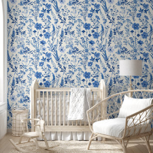 Blue Toile De Jouy Vintag Floral Tapete