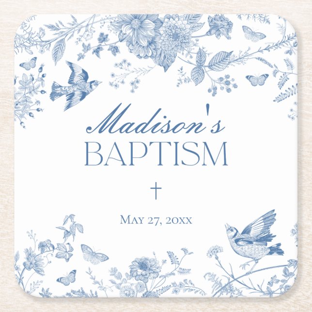 Blue Toile De Jouy Vintage Blumentaufe Rechteckiger Pappuntersetzer (Vorderseite)