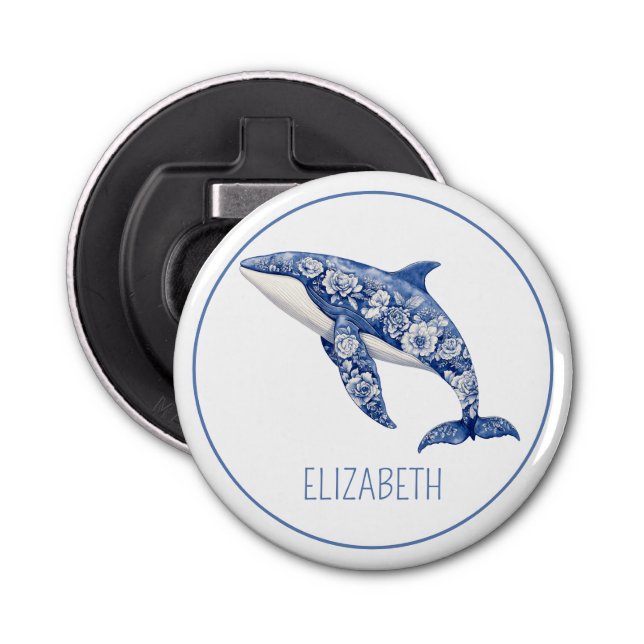 Blue Toile Floral Beach Dolphin Personalisiert Flaschenöffner (Vorderseite)