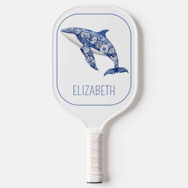 Blue Toile Floral Beach Dolphin Personalisiert Pickleball Schläger (Vorderseite)