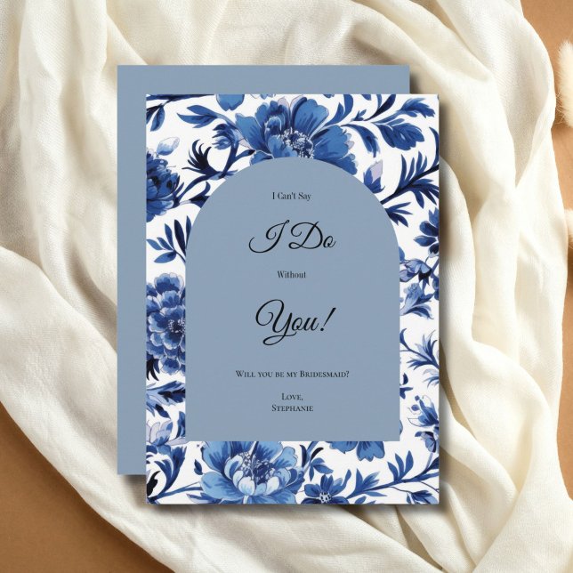 Blue Toile Floral Bridesmaid Vorschlag Card Einladung (Blue Toile Chinoiserie Watercolor Floral Bridesmaid Maid of Honor Proposal card. Printed or Digital)
