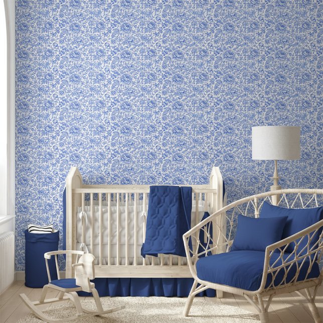 Blue Toile Floral Pattern Classic Botanical Tapete (Von Creator hochgeladen)