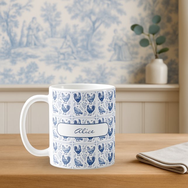 Blue Toile French Country Bauernhof Hühnergebäck T Kaffeetasse (Personalized Blue Toile Chicken Mug French Country Farmhouse Coffee Cup)
