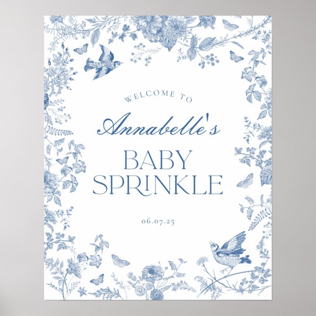 Blue Toile Jouy Floral Baby Sprinkle Begrüßungszei Poster (Vorne)