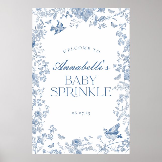 Blue Toile Jouy Floral Baby Sprinkle Begrüßungszei Poster (Vorne)