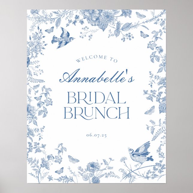 Blue Toile Jouy Floral Bridal Brunch Begrüßungszei Poster (Vorne)