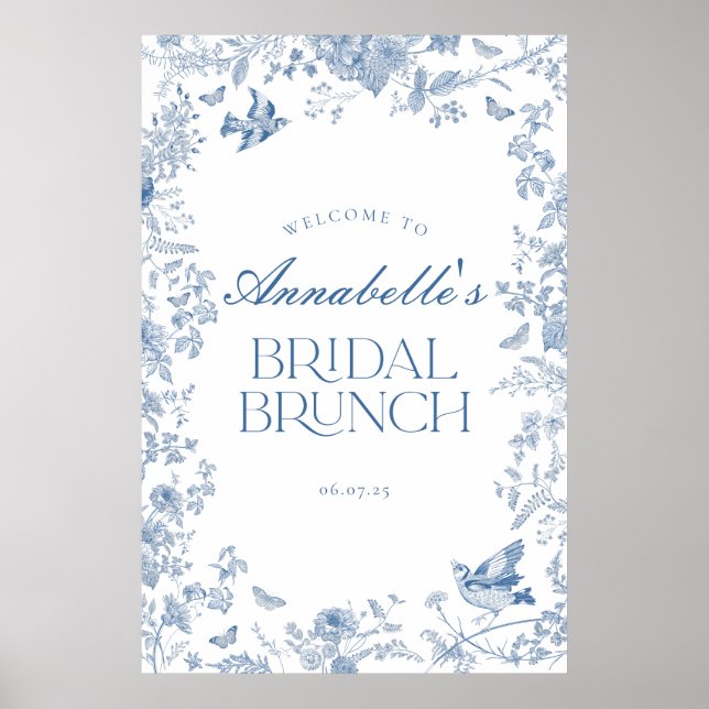 Blue Toile Jouy Floral Bridal Brunch Begrüßungszei Poster (Vorne)