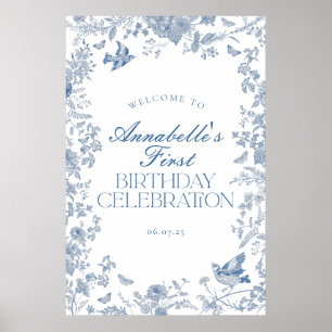 Blue Toile Jouy Floral Geburtstagsparty Begrüßungs Poster