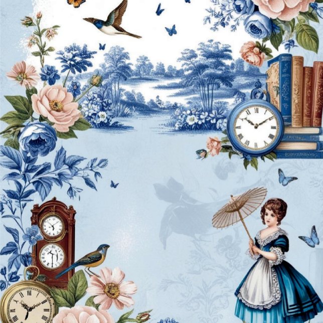 Blue Toile Jouy Junk Journal-Seite (Von Creator hochgeladen)