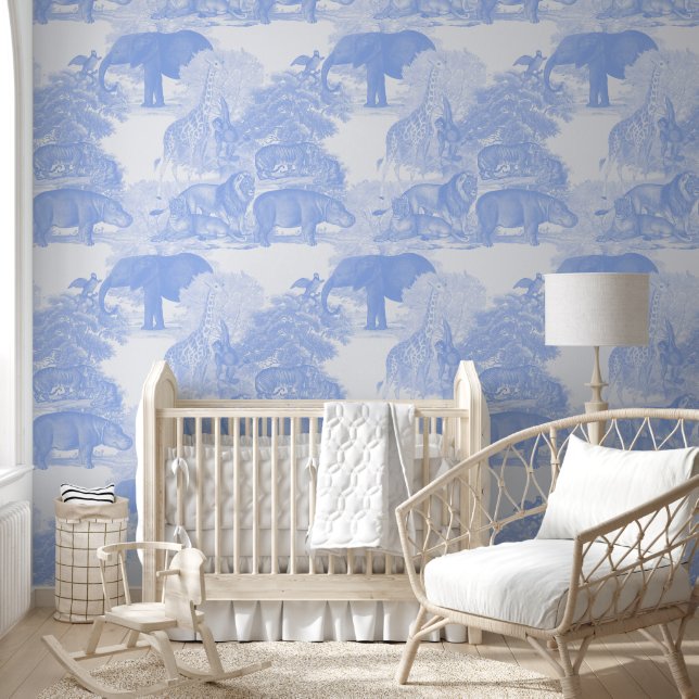 Blue Toile Jungle Animals Safari Chinoiserie Boy Tapete (Kinder)