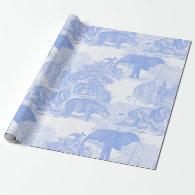 Blue Toile Jungle Animals Safari Chinoiserie Geschenkpapier (Ungerollt)