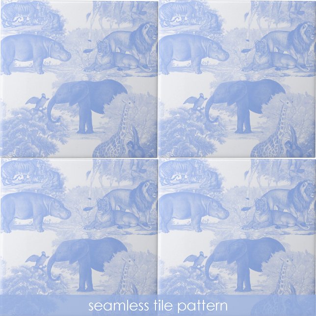 Blue Toile Jungle Animals Safari Nahtloses Muster Fliese (Blue Toile Jungle Animals Safari Seamless Pattern Ceramic Tile)