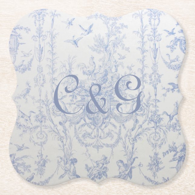 Blue Toile Mit Monogramm Untersetzer (Vorderseite)
