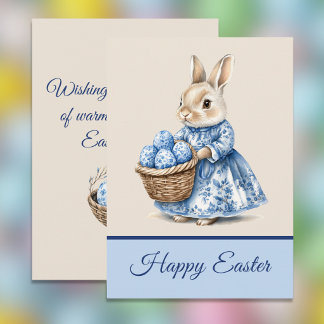 Blue Toile Mother Rabbit n Basket of Easter Eggs   Feiertagskarte