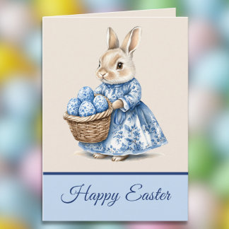 Blue Toile Mother Rabbit n Basket of Easter Eggs   Karte
