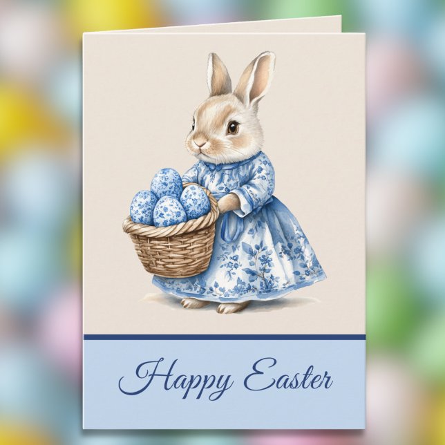 Blue Toile Mother Rabbit n Basket of Easter Eggs   Karte (Von Creator hochgeladen)